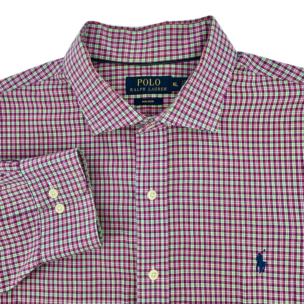 Polo Ralph Lauren Mens Shirt XL Non-Iron Cotton Pink Plaid Long Sleeve Button